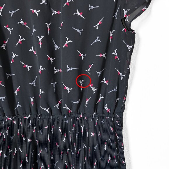Elle Eiffel Tower Heart Print Black Pleated Mini Dress Womens Small Paris Retro - Picture 7 of 15